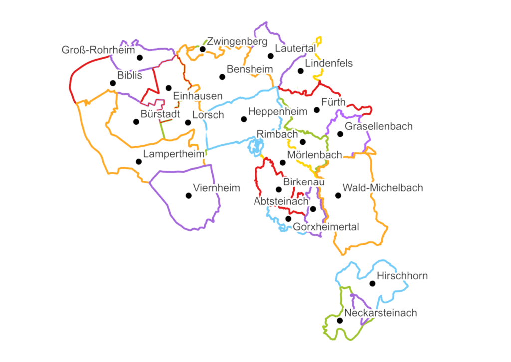 Bild von einer Karte der Städte und Gemeinden des Kreises Bergstraße. Dazu gehören, Abtsteinach, Bensheim, Biblis, Birkenau, Bürstadt, Einhausen, Fürth, Gorxheimertal, Grasellenbach, Groß-Rohrheim, Heppenheim, Hirschhorn, Lampertheim, Lautertal, Lindenfels, Lorsch, Mörlenbach, Neckarsteinach, Rimbach, Viernheim, Wald-Michelbach und Zwingenberg